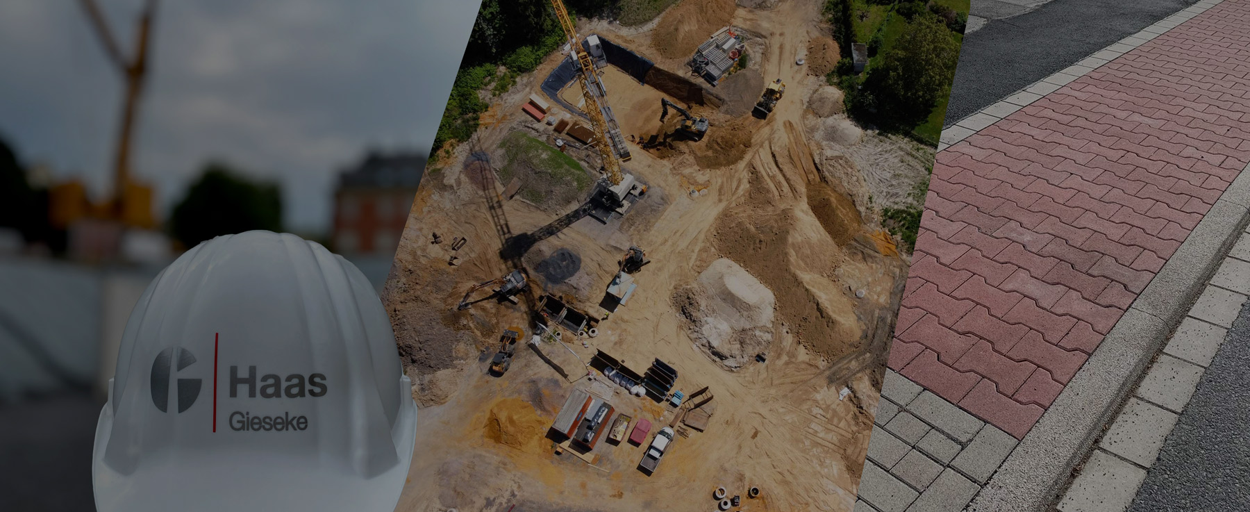 Headerbild mit Referenzbaustelle Erdbau, Gepflasterter Radweg und Bauhelm mit Logo